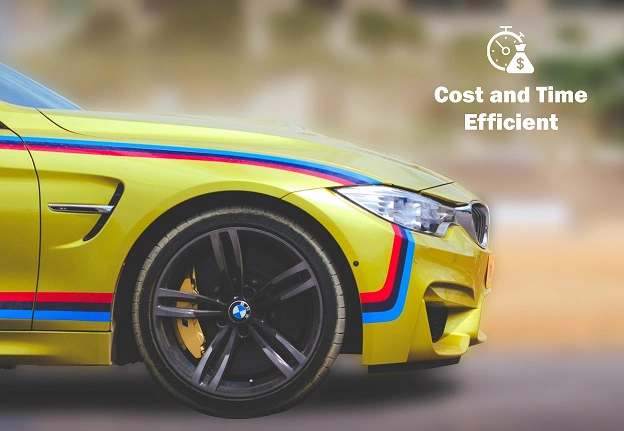 A yellow BMW M4 with blue and red racing stripes on the fender and side panel, parked on a blurred road background. The car features black alloy wheels with a BMW logo and high-performance brake calipers. In the upper right corner, there is an icon of a clock with a dollar sign, accompanied by the text "Cost and Time Efficient."