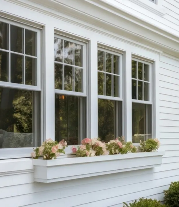 A row of classic white-framed windows on a traditional white house, with a flower box filled with blooming pink and white flowers beneath them. The windows reflect lush greenery from the surroundings.