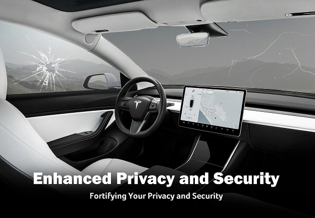 The interior of a Tesla featuring a sleek minimalist dashboard, a large touchscreen display, and white leather seats. The windshield and side windows have visible cracks, with text overlay reading "Enhanced Privacy and Security" and "Fortifying Your Privacy and Security."