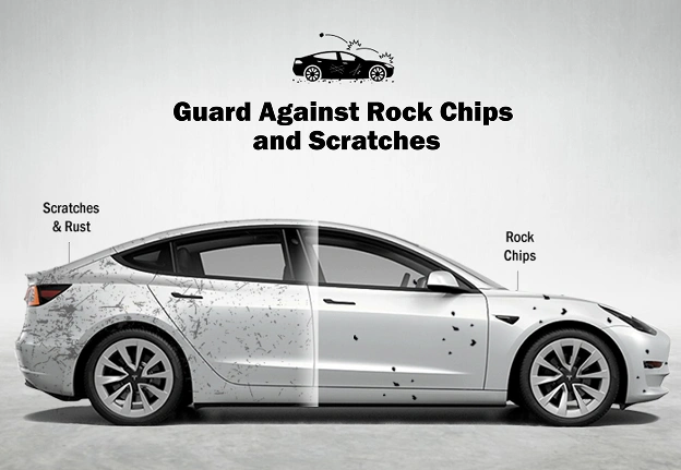A digitally edited image of a Tesla Model 3, split into two halves to compare the effects of rock chips and scratches. The left side of the car is shown with scratches and rust, while the right side is cleaner with minimal damage. The text above reads, "Guard Against Rock Chips and Scratches," with labels pointing to "Scratches & Rust" and "Rock Chips" on the respective sides.