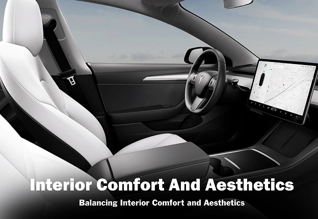 A modern Tesla interior featuring sleek white seats, a minimalist dashboard, and a large touchscreen display. The text overlay reads, "Interior Comfort And Aesthetics – Balancing Interior Comfort and Aesthetics."