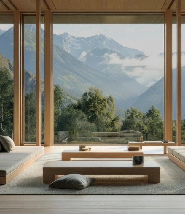 A modern minimalist living room with low furniture, featuring large windows showcasing a scenic view of mist-covered mountains and lush greenery.