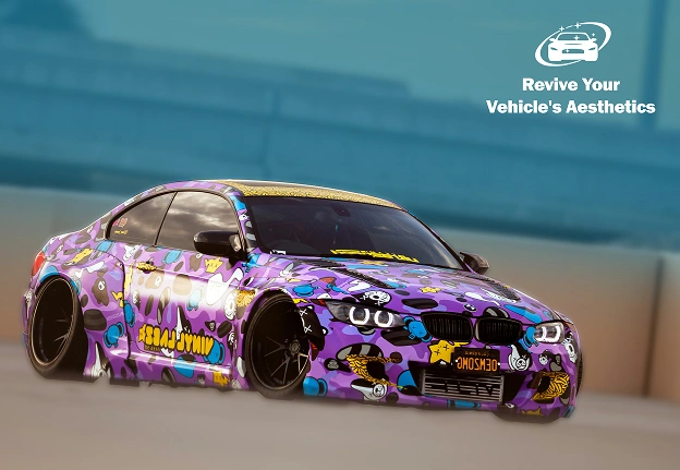 A colorful, custom-designed BMW with a purple, graffiti-like wrap and a message about reviving vehicle aesthetics.