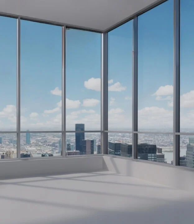 A high-rise office building's panoramic window with a city skyline and blue skies in the background.