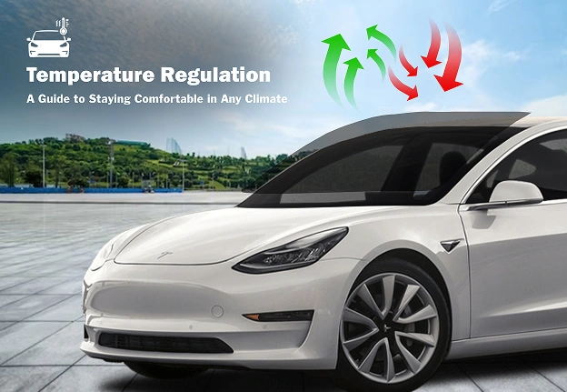 White Tesla Model 3 with a graphic showing temperature regulation features.