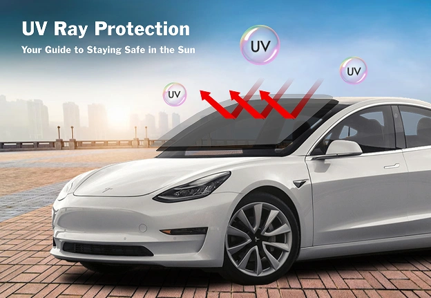 A white car with a UV protection film applied on the windshield to shield against harmful UV rays.