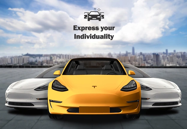 A vibrant yellow Tesla Model 3 in the foreground, flanked by two white Tesla Model 3s, set against a city skyline background. The image includes the text "Express your Individuality" with a car customization icon above it.