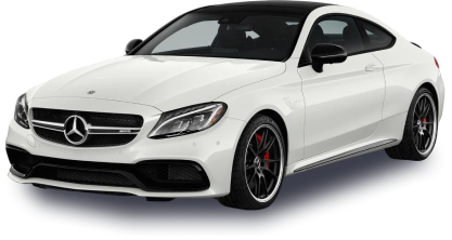 A white Mercedes-Benz C-Class Coupe with a sporty design, black roof, and AMG-style wheels. The luxury coupe features an aggressive front grille, sleek headlights, and red brake calipers.