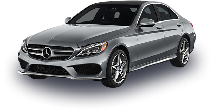 A silver Mercedes-Benz C-Class sedan with a sleek design, chrome grille, and alloy wheels. The luxury vehicle is shown from a three-quarter front view, highlighting its aerodynamic styling.