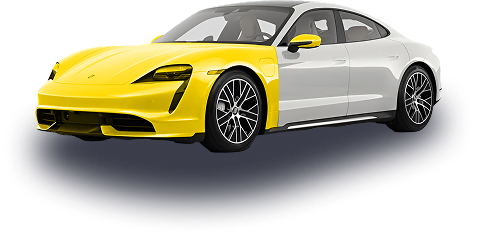 A Porsche Taycan partially wrapped in yellow, with the front and side mirrors covered while the rest remains white. The car features sleek curves, aerodynamic design, and sporty alloy wheels.