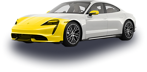 A stylized, yellow and white electric car with a modern, sleek design.