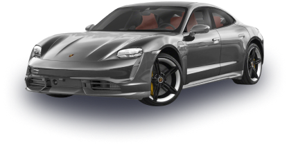 A gray Porsche Taycan sports car against a minimalist backdrop.