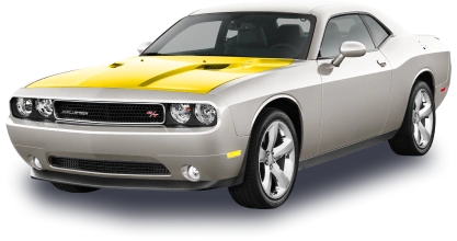 A silver Dodge Challenger R/T with a yellow accent on the hood. The muscle car features a retro-inspired design, chrome wheels, and an aggressive front grille.