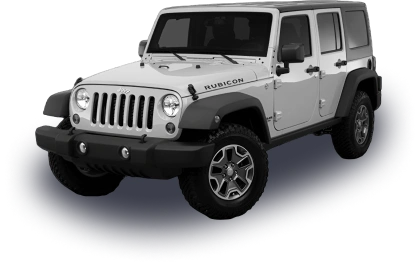 A white Jeep Wrangler Rubicon with a rugged design, black fender flares, and off-road tires. The four-door SUV features a seven-slot grille, round headlights, and a high ground clearance for off-road capability.