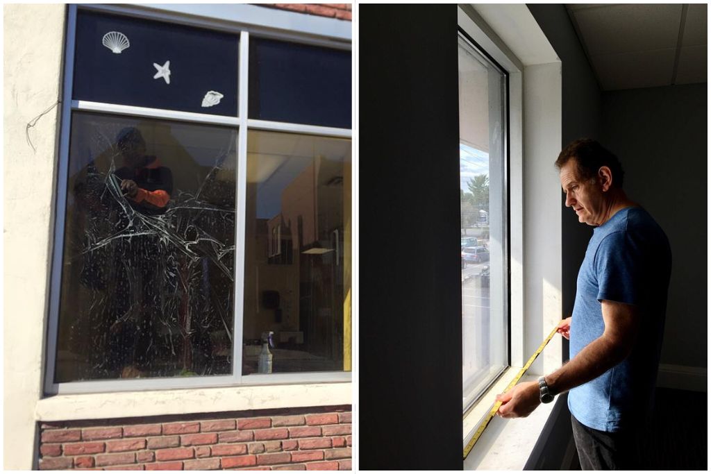 Side-by-side comparison showing two approaches to window tinting: the left image features a person installing tint on a window with streaky, uneven application, while the right image shows a man carefully measuring a window frame with a tape measure in preparation for a more precise installation.
