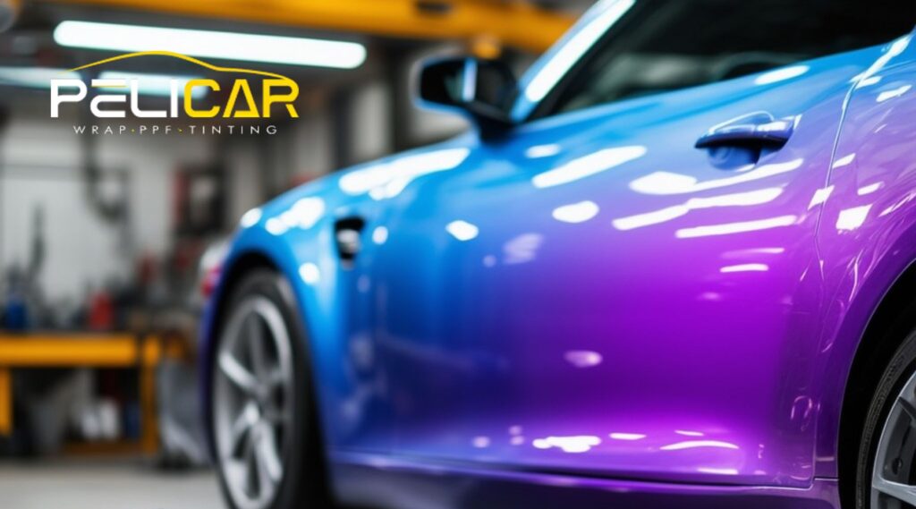 Close-up of a sports car with a glossy blue-to-purple vinyl wrap inside a professional garage, featuring the Pelicar logo and the words "Wrap • PPF • Tinting" in the background.
