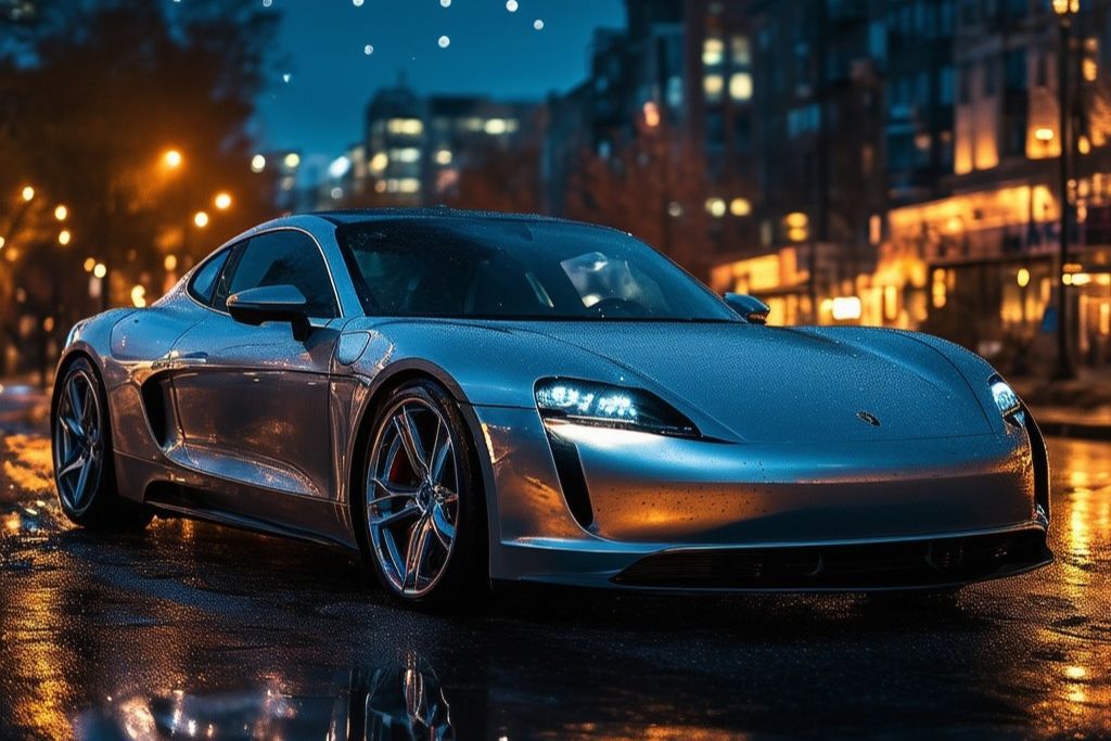A sleek silver sports car parked on a wet city street at night, with reflections glistening off the vinyl-wrapped surface under moody urban lights.