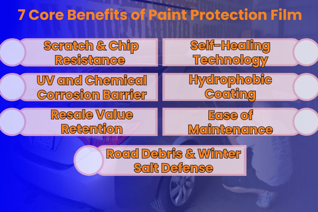 Infographic listing the 7 core benefits of paint protection film over a faint background of a technician working on a car. Benefits include: Scratch & Chip Resistance, Self-Healing Technology, UV and Chemical Corrosion Barrier, Hydrophobic Coating, Resale Value Retention, Ease of Maintenance, and Road Debris & Winter Salt Defense.