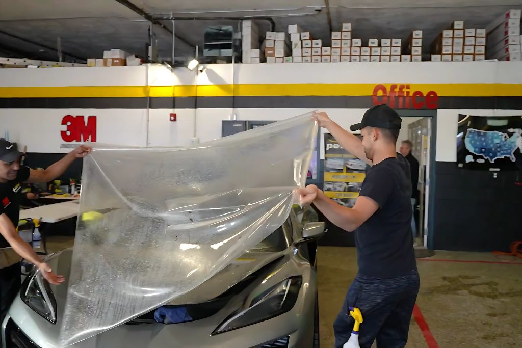 Two technicians carefully apply a large sheet of clear paint protection film onto the hood of a silver sports car inside a 3M-certified auto shop. The workshop has organized shelves, a 3M logo on the wall, and a visible “Office” sign in the background.