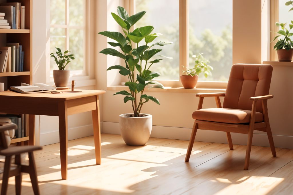 A sunlit home office with wood furniture, houseplants, and warm natural light filtered through UV-protective window tint, illustrating home window tinting benefits for preserving flooring and furnishings.