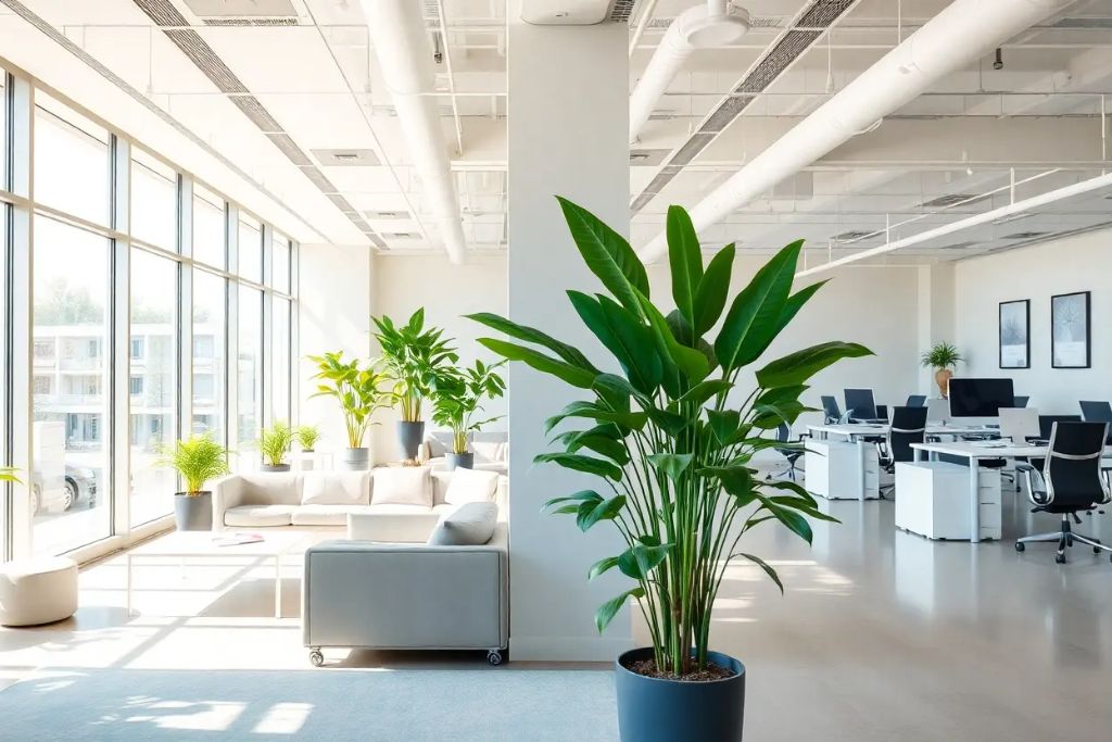 Bright modern office with large floor-to-ceiling tinted windows, filled with natural light and lush green plants. This workspace showcases how commercial window tinting enhances energy efficiency and cost savings by reducing heat gain and supporting a cooler indoor environment.