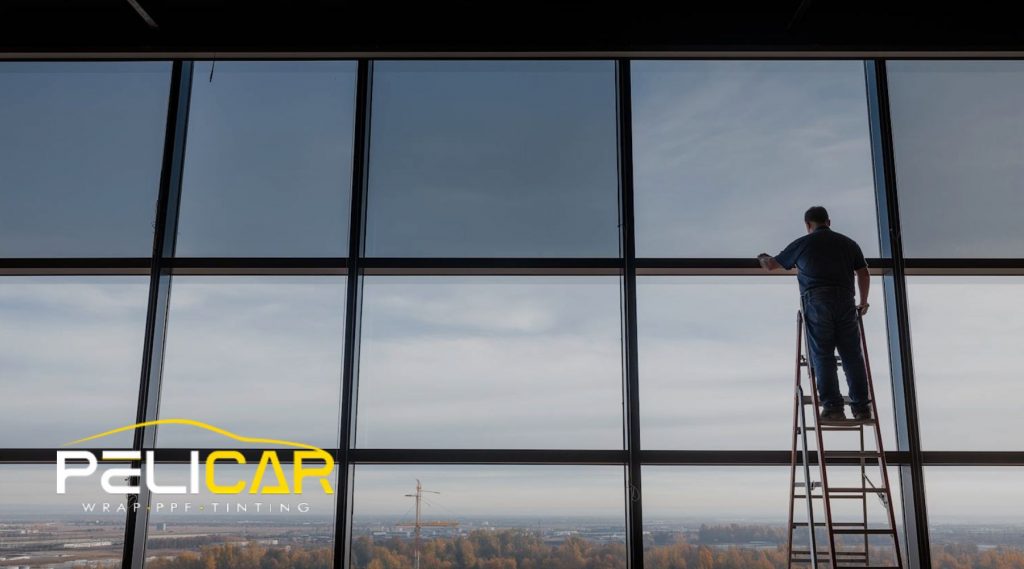 A technician stands on a ladder applying window tint to a tall commercial glass wall with a wide view of the Malden cityscape in the background. This image illustrates why Malden businesses are investing in commercial window tinting for improved energy efficiency and workplace comfort.