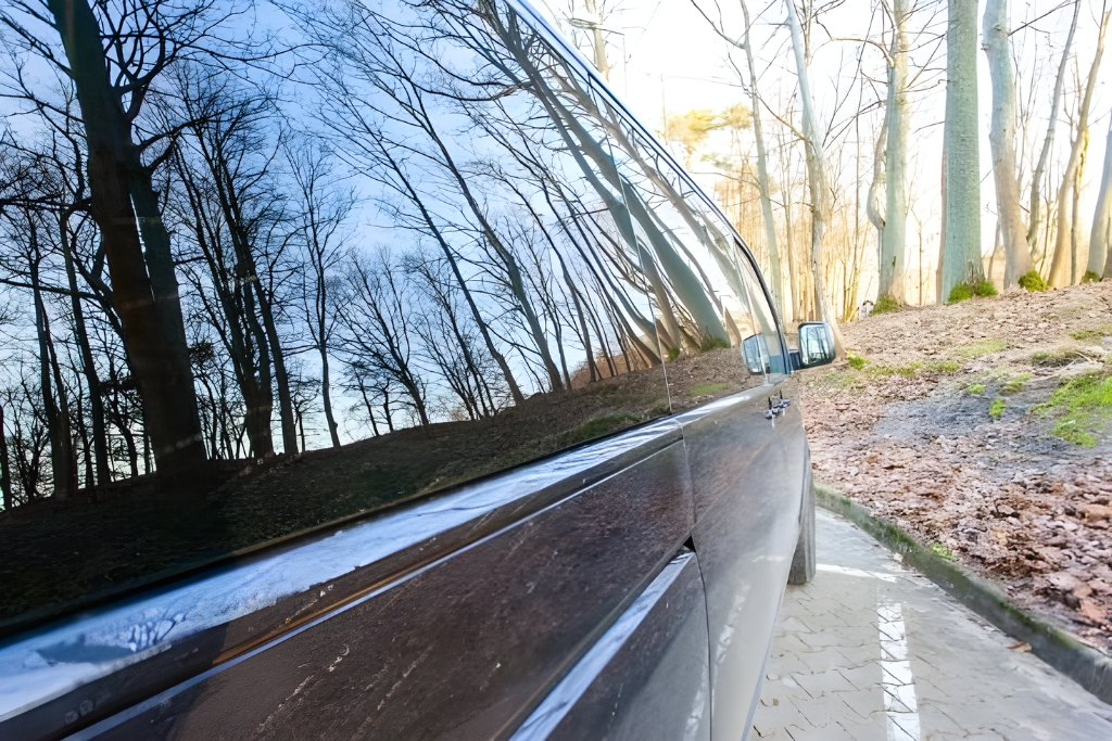 Side view of a black vehicle with dark tinted windows reflecting a forest of bare trees, illustrating reduced glare and UV protection during fall in Malden. The image emphasizes how a smart time to tint your car windows can improve visibility and preserve interior materials.