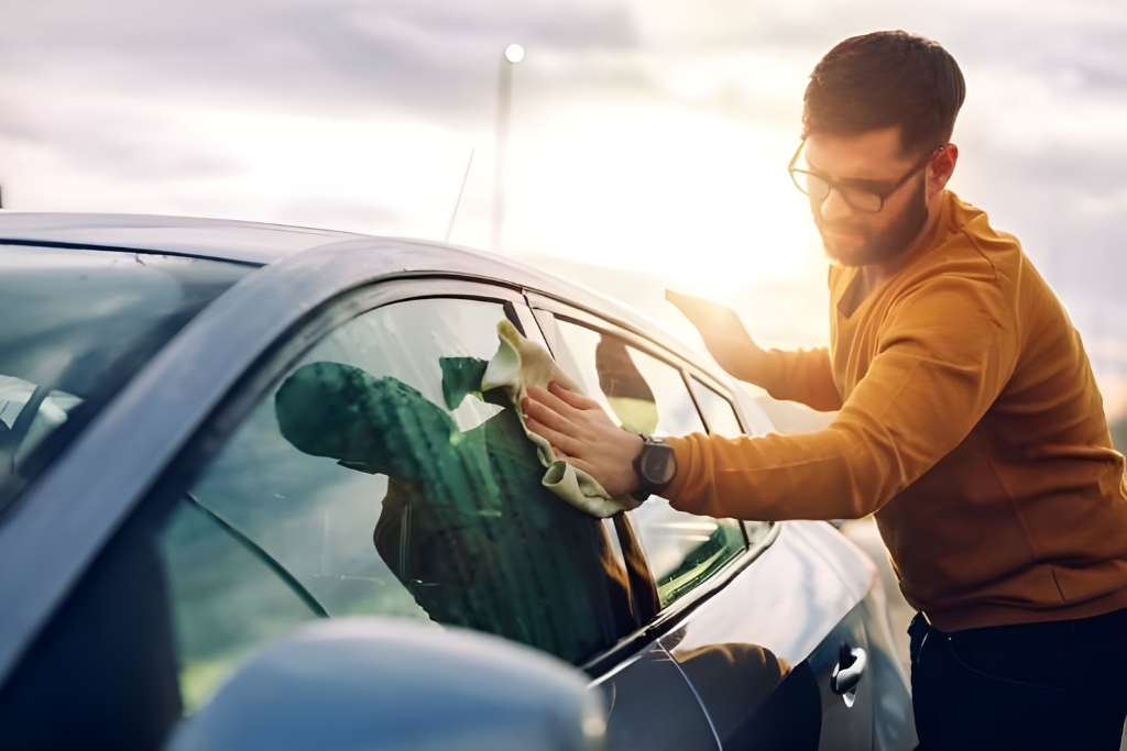 A man in a mustard sweater gently wipes down the tinted side window of a silver car with a microfiber cloth at sunset, illustrating proper aftercare during the tint curing process. The image supports fall as a smart time to tint your car windows thanks to ideal weather for curing and maintenance.