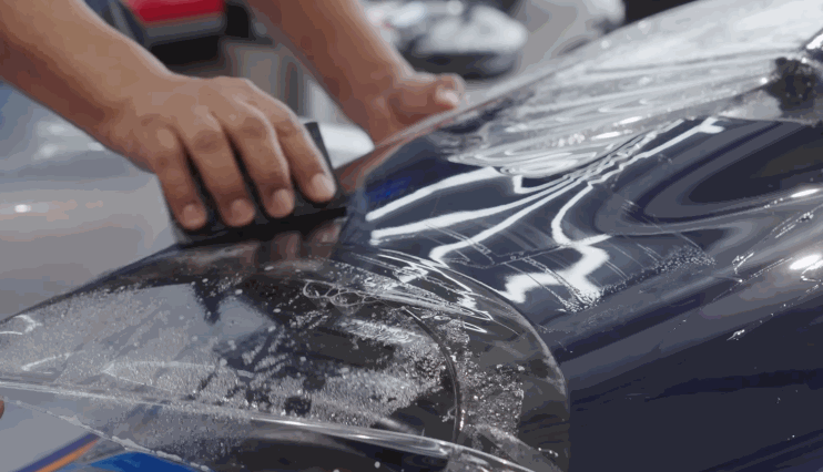A person uses a squeegee to smooth a transparent paint protection film over a dark blue car hood during installation in a workshop.