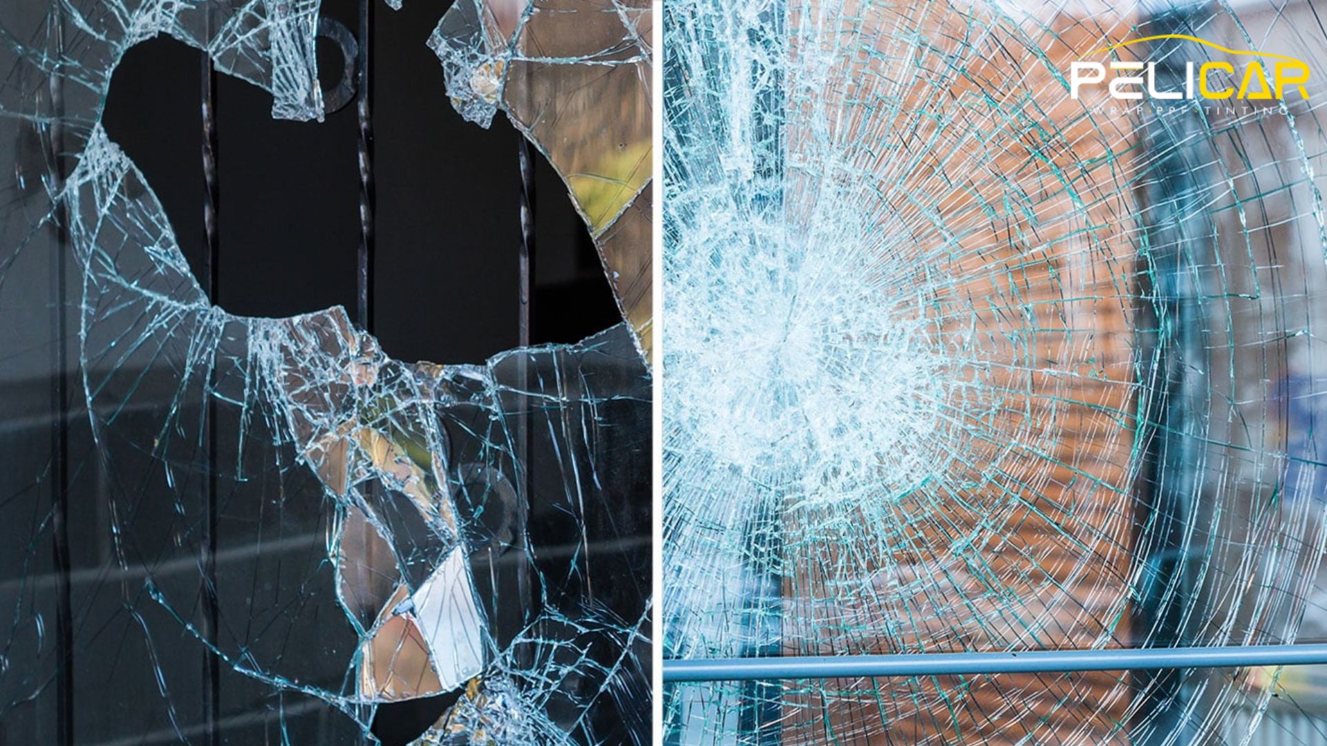 Glass door with a spiderweb pattern of cracks from a central impact point showing how Security Window Film reinforces glass to prevent it from breaking apart completely.