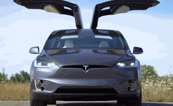 Front view of a Tesla Model X with its falcon wing doors raised against a blue sky. The electric SUV is parked on a rural road with headlights on, showcasing the sleek design and distinctive upward opening doors of the Tesla Model X.