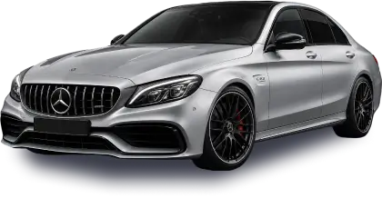 A silver Mercedes-Benz C-Class sedan with a sleek design, chrome grille, and alloy wheels. The luxury vehicle is shown from a three-quarter front view, highlighting its aerodynamic styling.