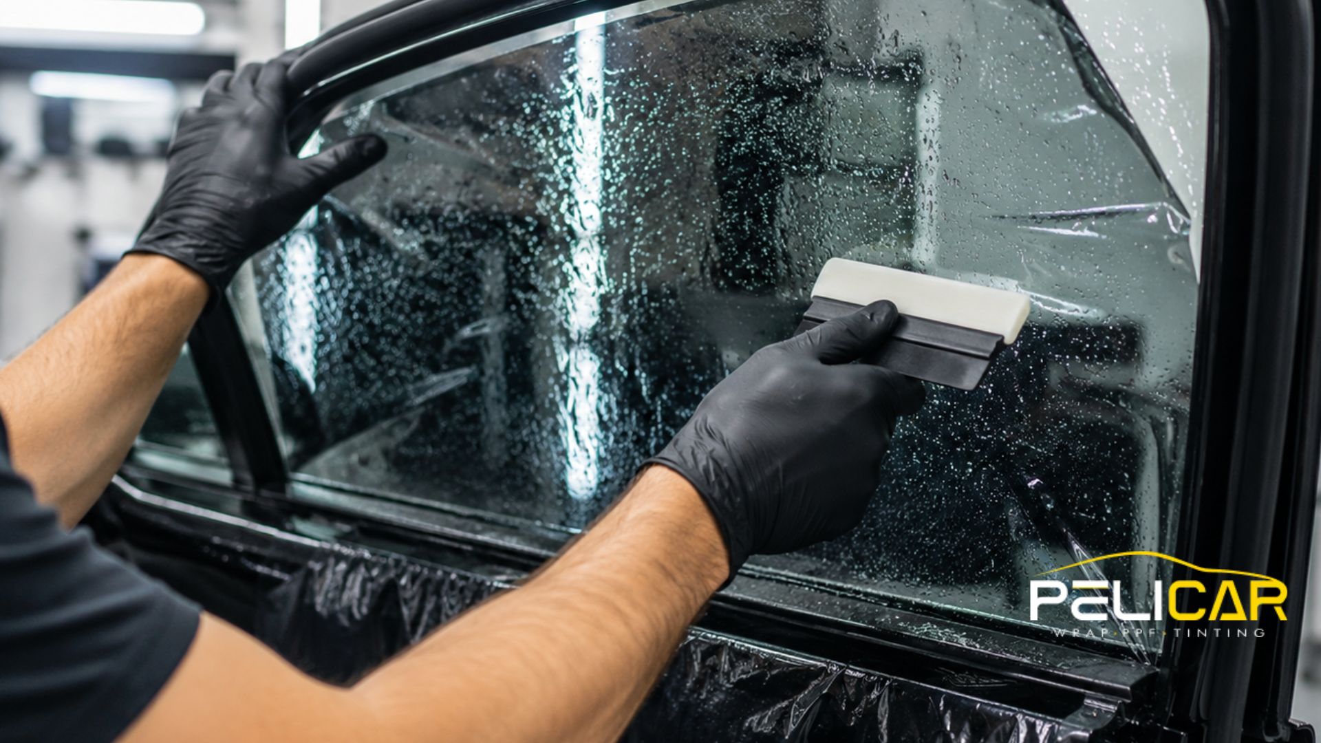 A technician in black gloves uses a squeegee to install window tint on a wet car door window. The text "PELICAR WRAP PPF TINTING" appears in the bottom right corner.