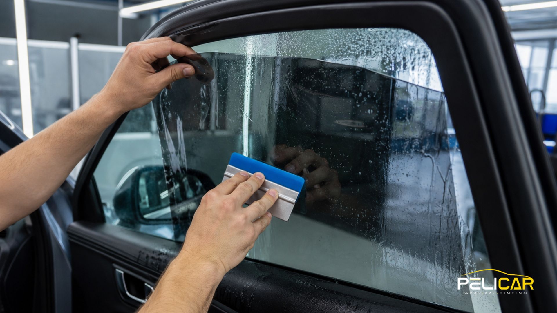 A technician uses a blue squeegee to apply window tint to a wet car door window. The text "PELICAR WRAP PPF TINTING" appears in the bottom right corner.