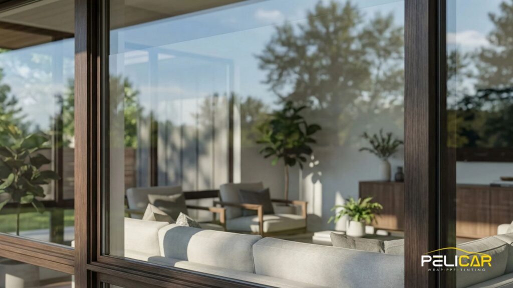 Large tinted home windows reflect trees outside while showing a bright living room with couches and plants inside.