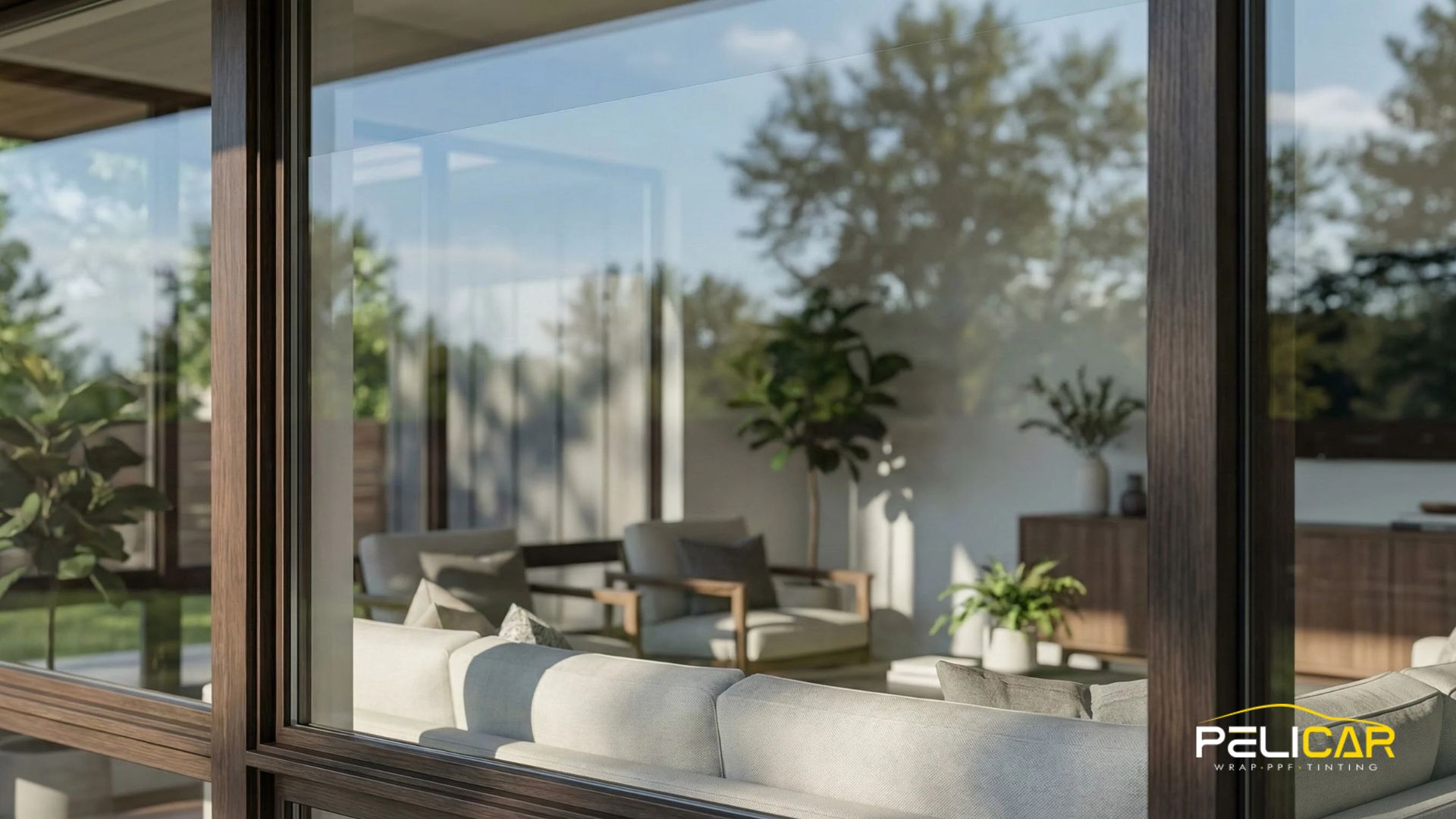 Large tinted home windows reflect trees outside while showing a bright living room with couches and plants inside.