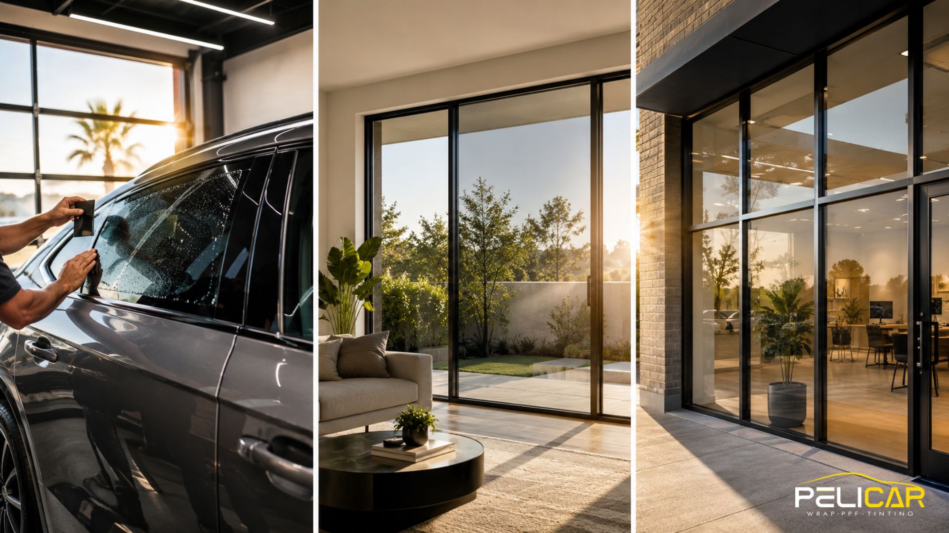 Three panel collage showing window film on a car window. large residential glass doors. and commercial storefront windows.