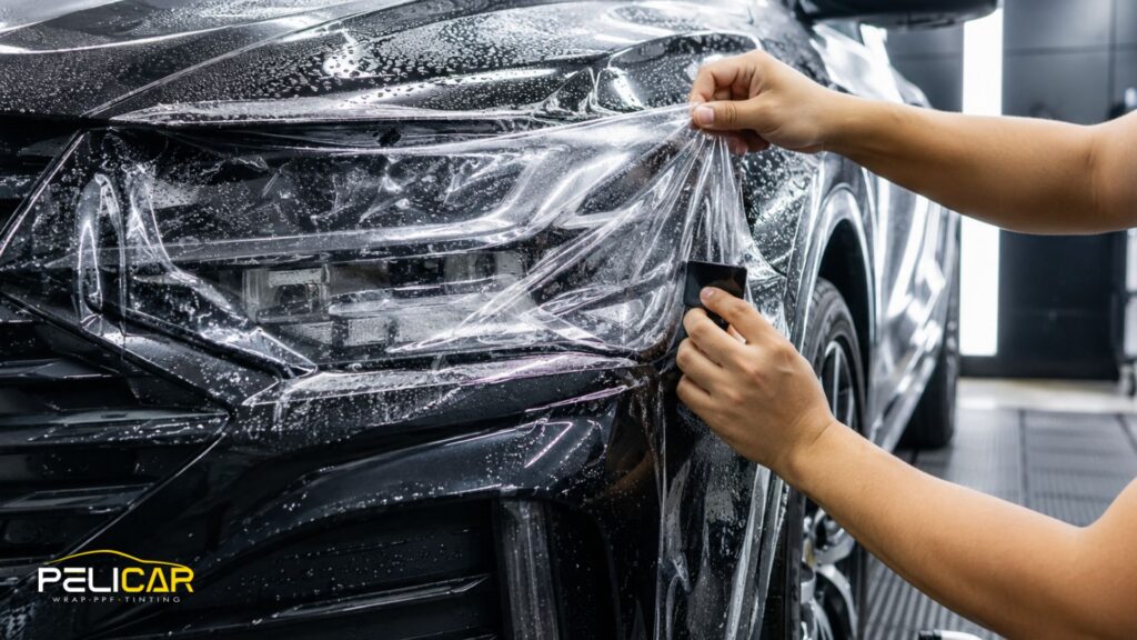 Installer stretches paint protection film across the headlight and front bumper of a black car.