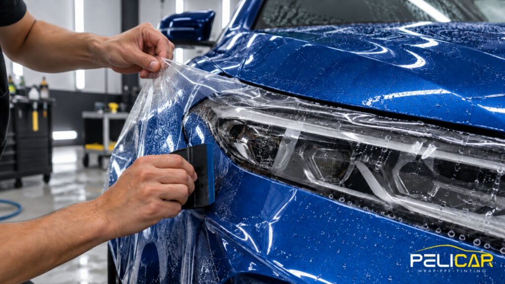Installer smooths paint protection film over the headlight and front fender of a blue car.