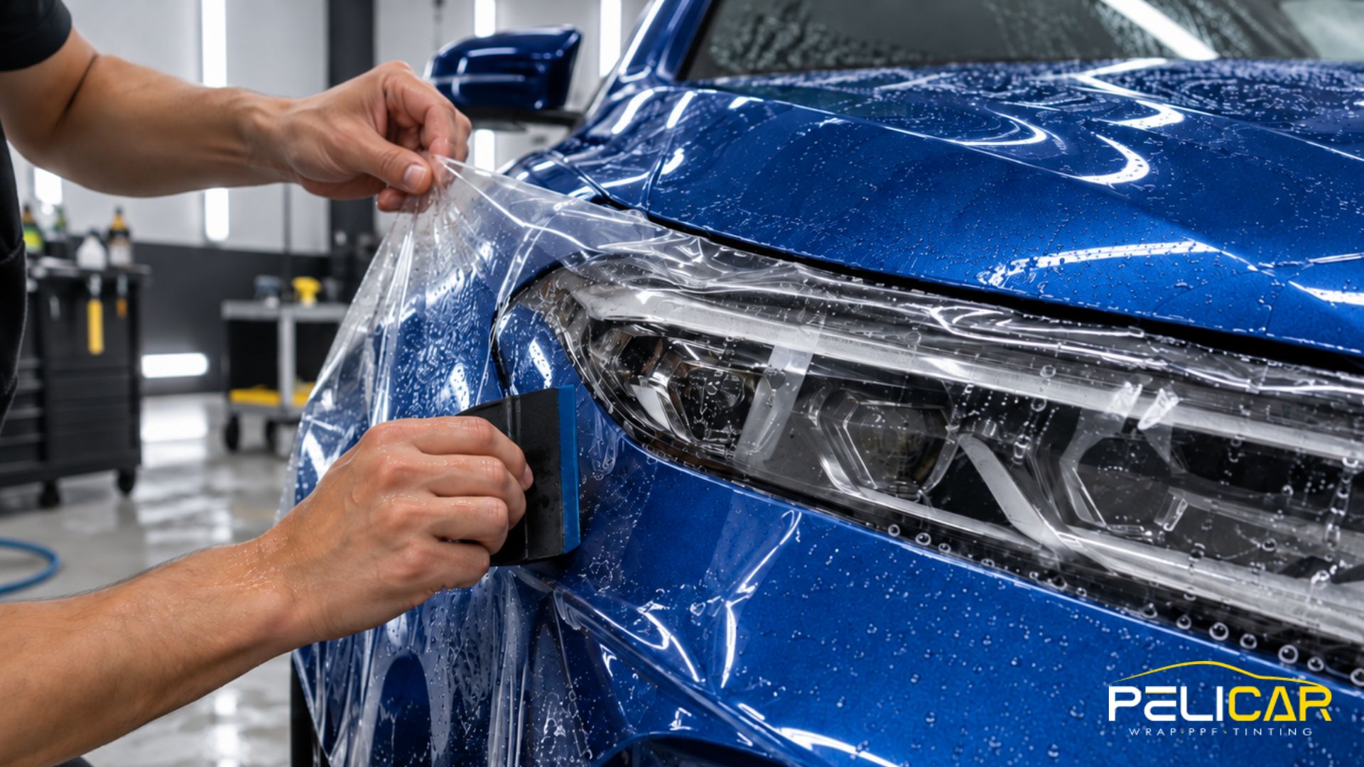 Installer smooths paint protection film over the headlight and front fender of a blue car.