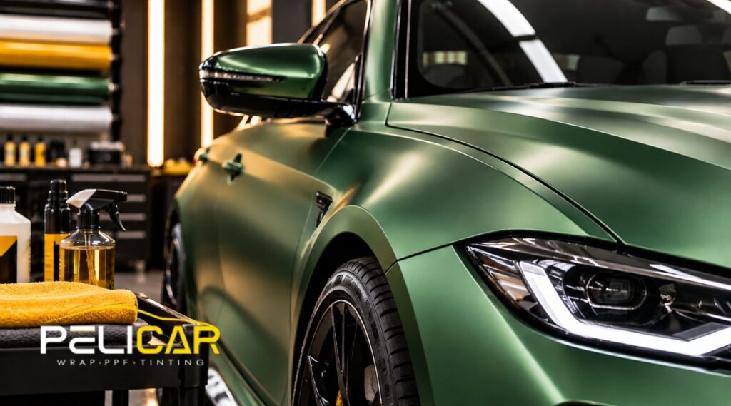 Matte green vinyl-wrapped car at Pelicar with microfiber towels and detailing products for vehicle wrap maintenance.