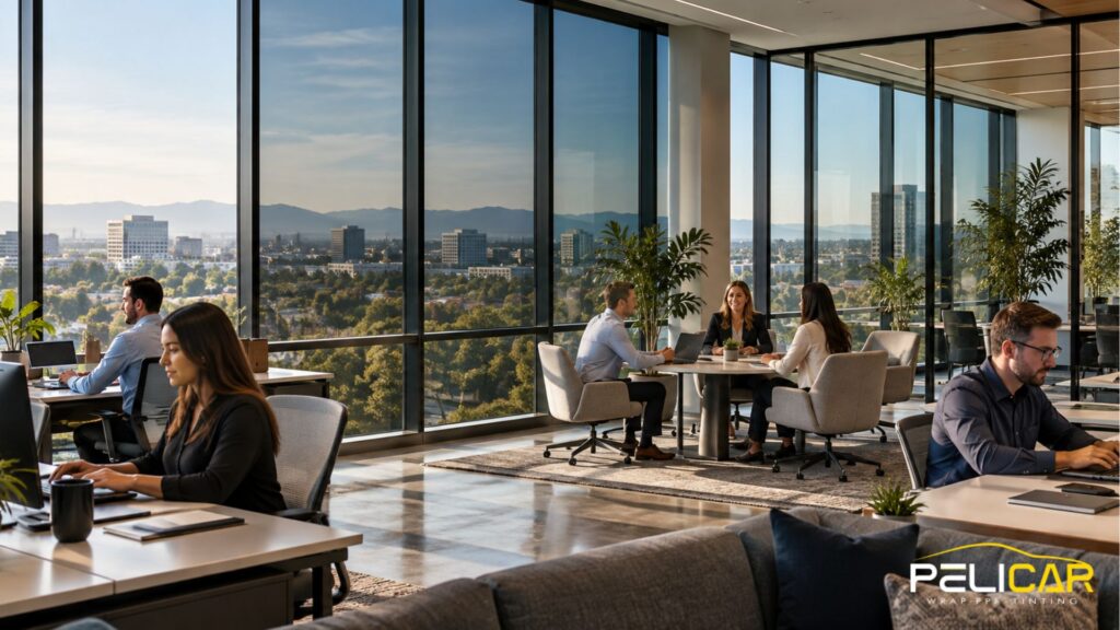 Modern office with floor to ceiling window tint overlooking a city and mountain view while employees work at desks and meet around a conference table.