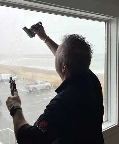 A person cleaning a large window with a squeegee, showing a beach view in the background.
